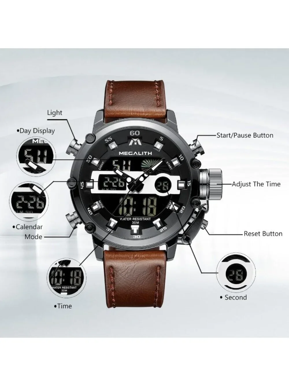 Mens Brown And Black Analog Leather Strap Waterproof Multifunction Digital Watch
